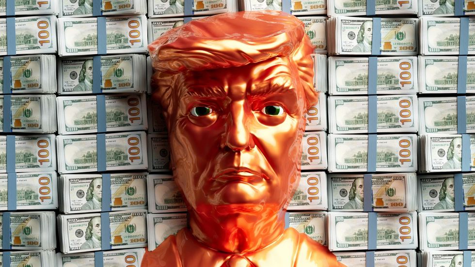 a figuring face of Donald Trump on top of $100 bills, money
