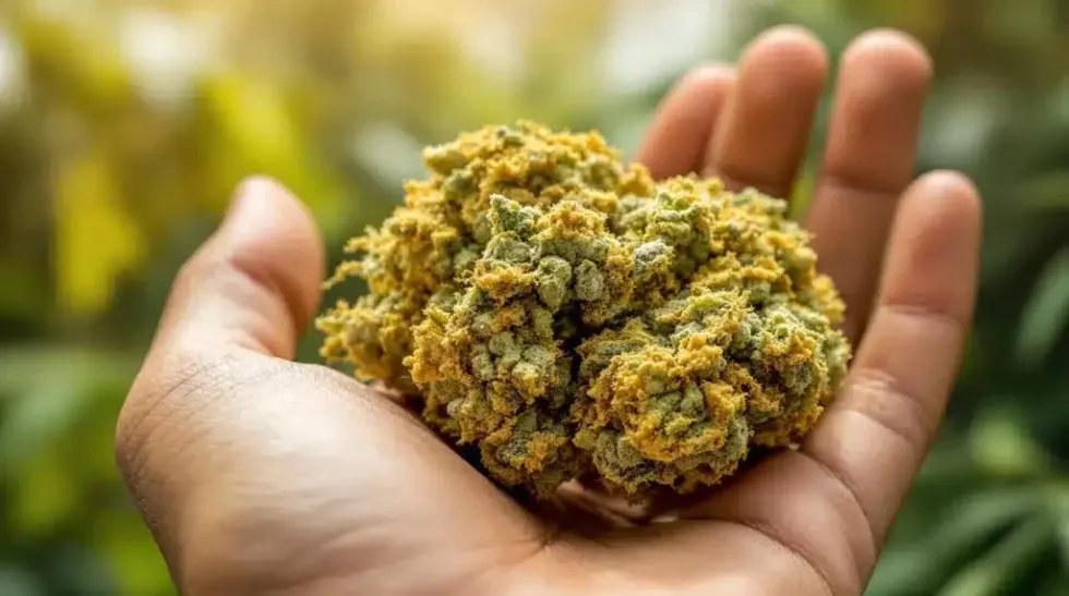 freshly harvested cannabis in palm of a hand