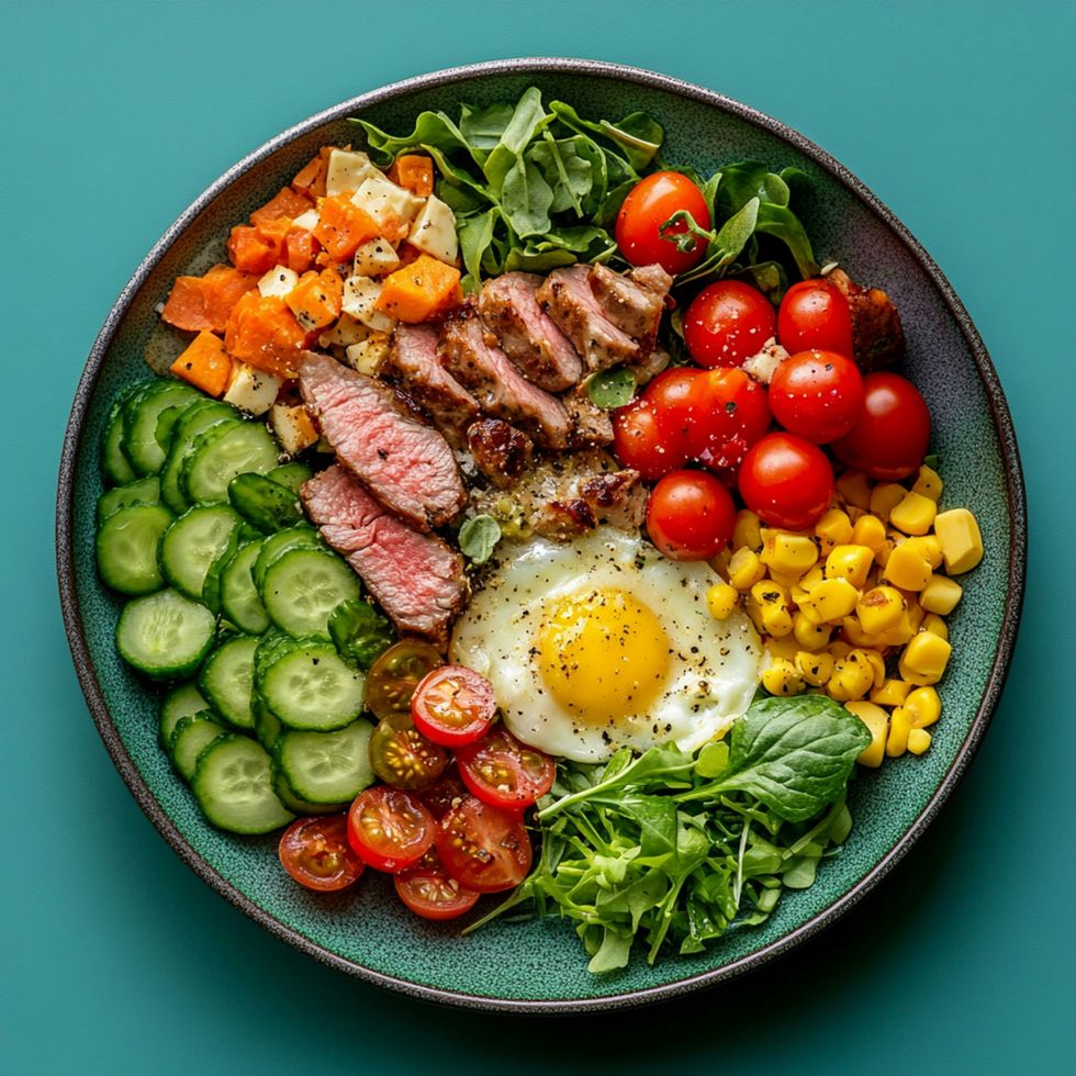image of a plate full of healthy food: tomatoes, cucumbers, arugula, corn, grilled steak, eggs and carrots other veggies