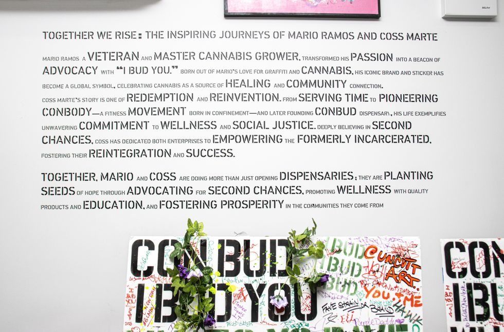 image of ConBud's origin story as written/displayed on the interior wall of the dispensary
