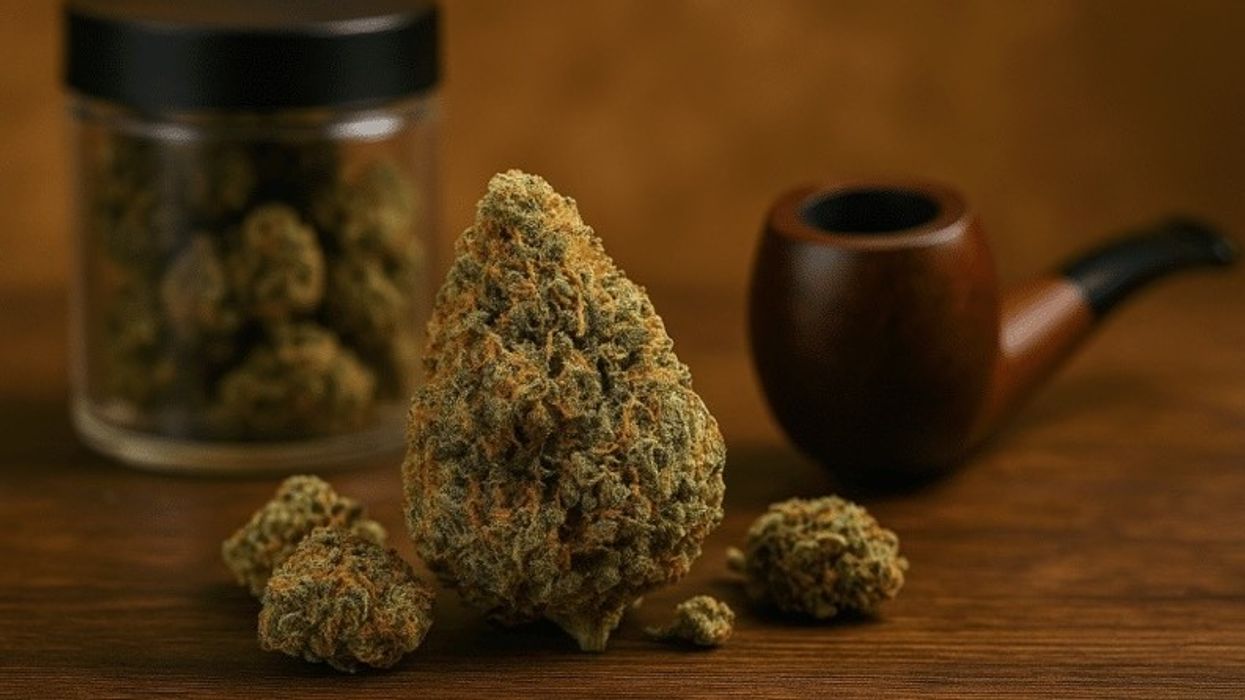 image of harvested cannabis, sitting next to a pipe and a sealed jar of cannabis