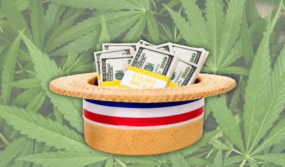 image of straw hat with large sums of wrapped $100 bills; in the background are marijuana leaves