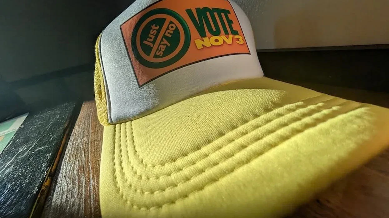 image of yellow hat that says 'Just Say No (to Question 8)' on Nov. 3