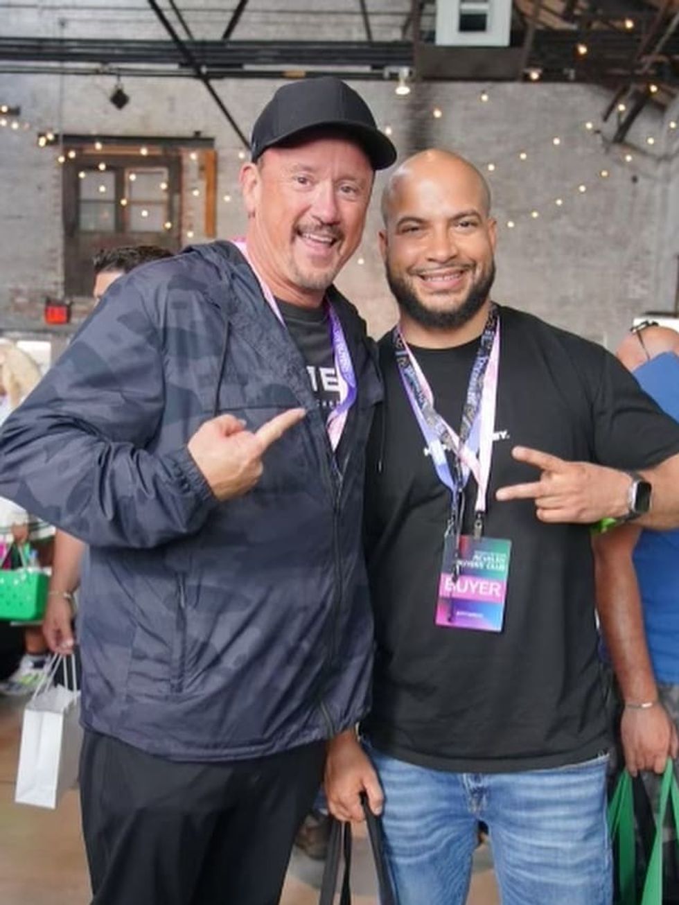 Temeka Group's Mike Wilson with Happy Munkey's Vlad Bautista at the Revelry Buyers Club 2024 - Basilica Hudson.