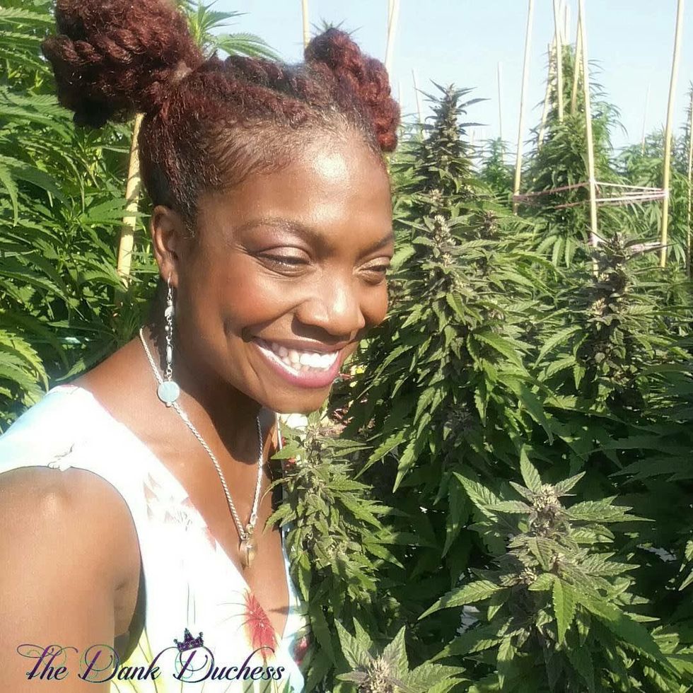 The Dank Duchess in a cannabis field